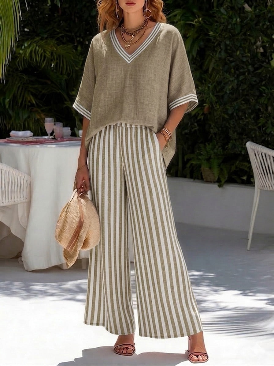 Conjunto Elegante em Linho-Cotton Listrado Amelia