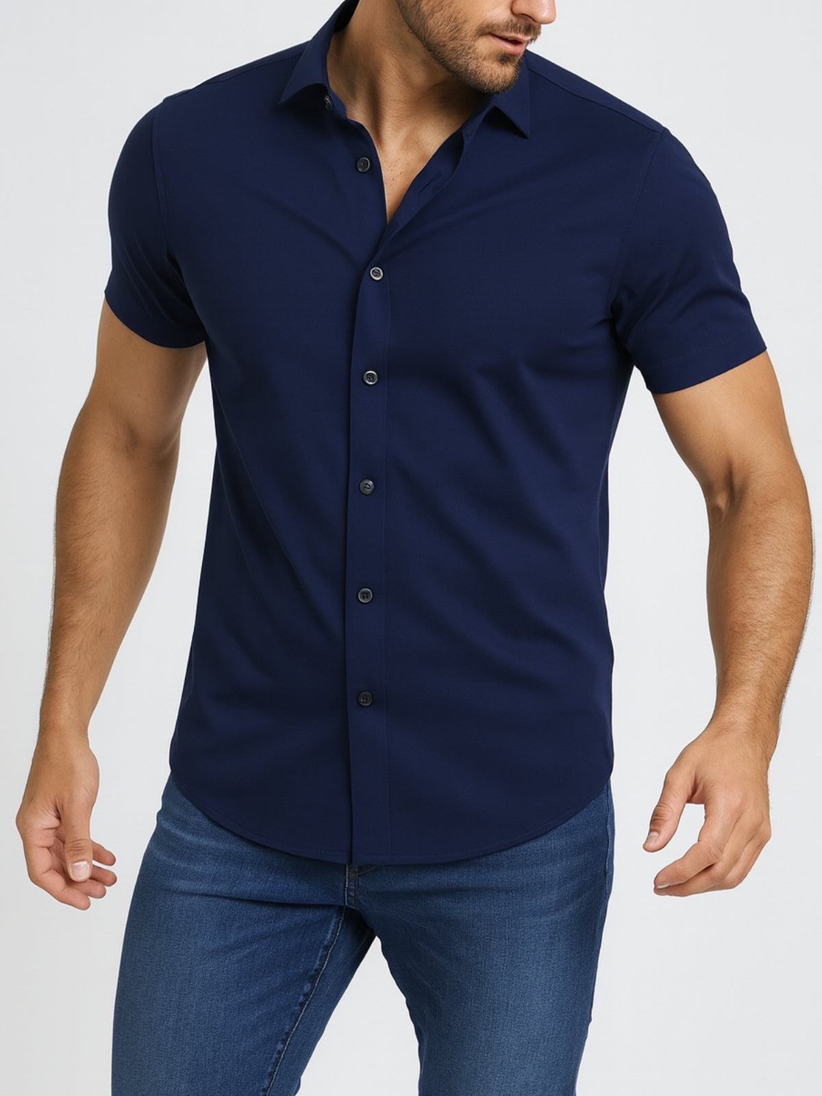 Camisa Não Amassada com Stretch 4-Way – Botões Transparentes