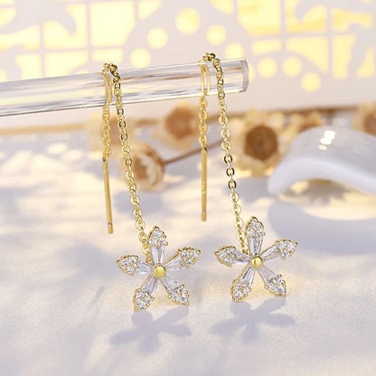 Brincos de Diamante com Fio Floral — Design Delicado de Gota