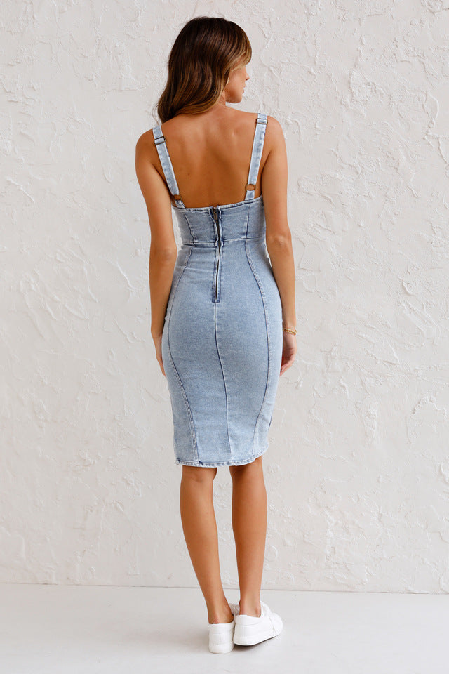 Robe Cami Bodycon em Jean Fendido VARENA - Elegante
