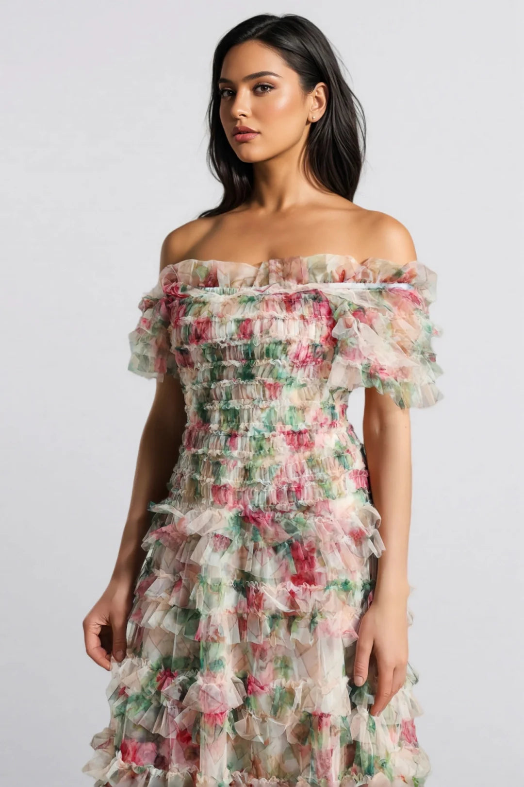 Vestido Maxi Sem Alças em Malha Floral Sina
