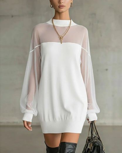 Clarève - Vestido Sólido em Patchwork com Mangas de Lanterna