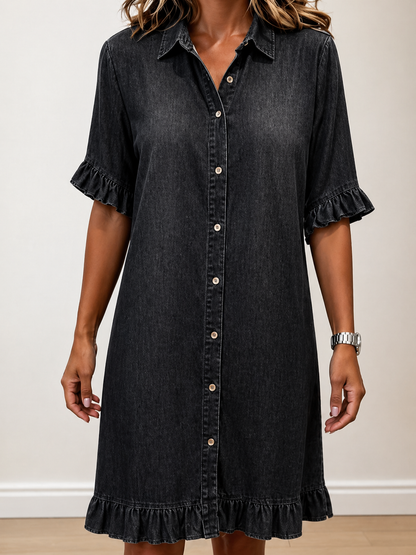 Vestido de Denim Confortável com Ruching Lisonjeiro