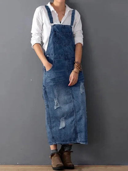 Lorena - Vestido de Denim Desgastado com Fenda nas Costas