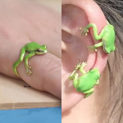 Conjunto de Jóias de Sapo — Anel e Brincos com Motivo Natural