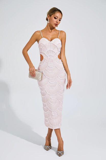 Vestido Midi Bege com Pérolas