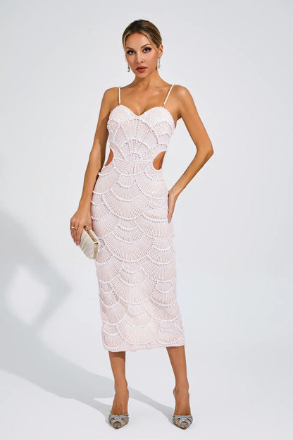 Vestido Midi Bege com Pérolas