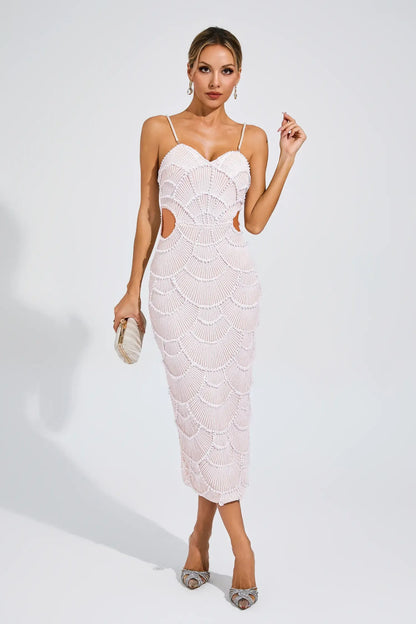 Vestido Midi Bege com Pérolas