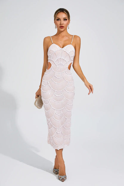 Vestido Midi Bege com Pérolas