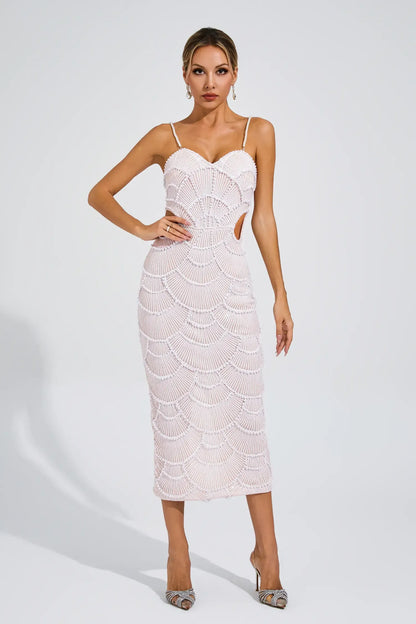 Vestido Midi Bege com Pérolas