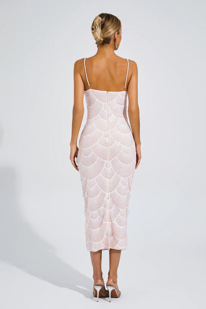 Vestido Midi Bege com Pérolas