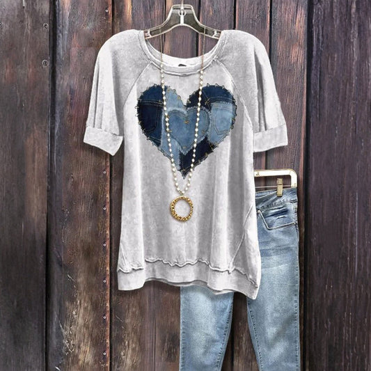 T-Shirt KARELIA Coração em Denim - Confortável Top Casual