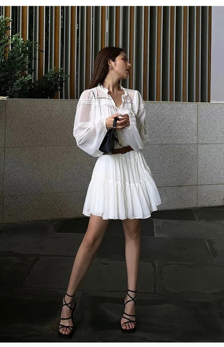 Vestido Camisa Branco Estilo Francês de Verão