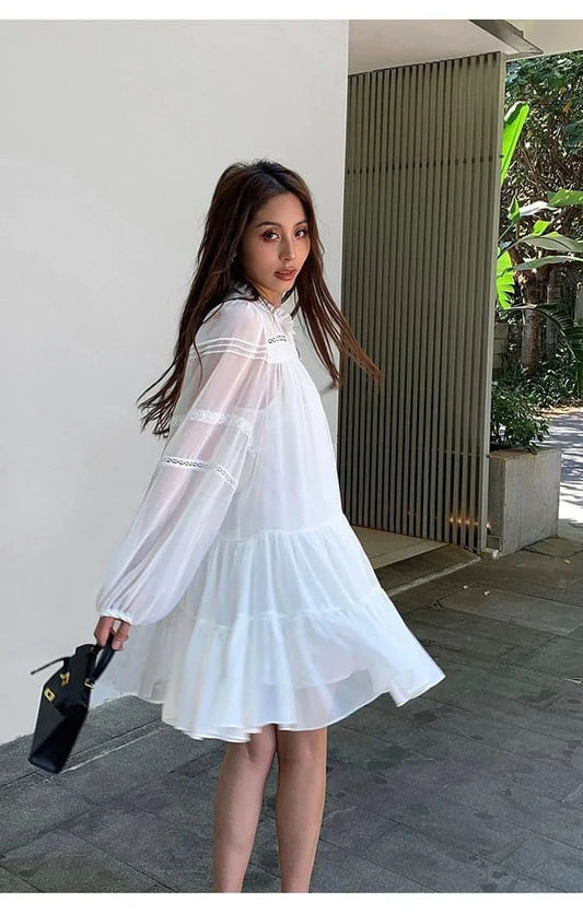 Vestido Camisa Branco Estilo Francês de Verão