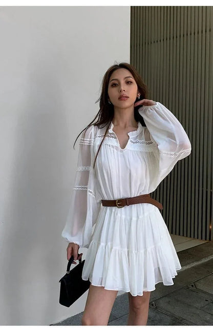 Vestido Camisa Branco Estilo Francês de Verão