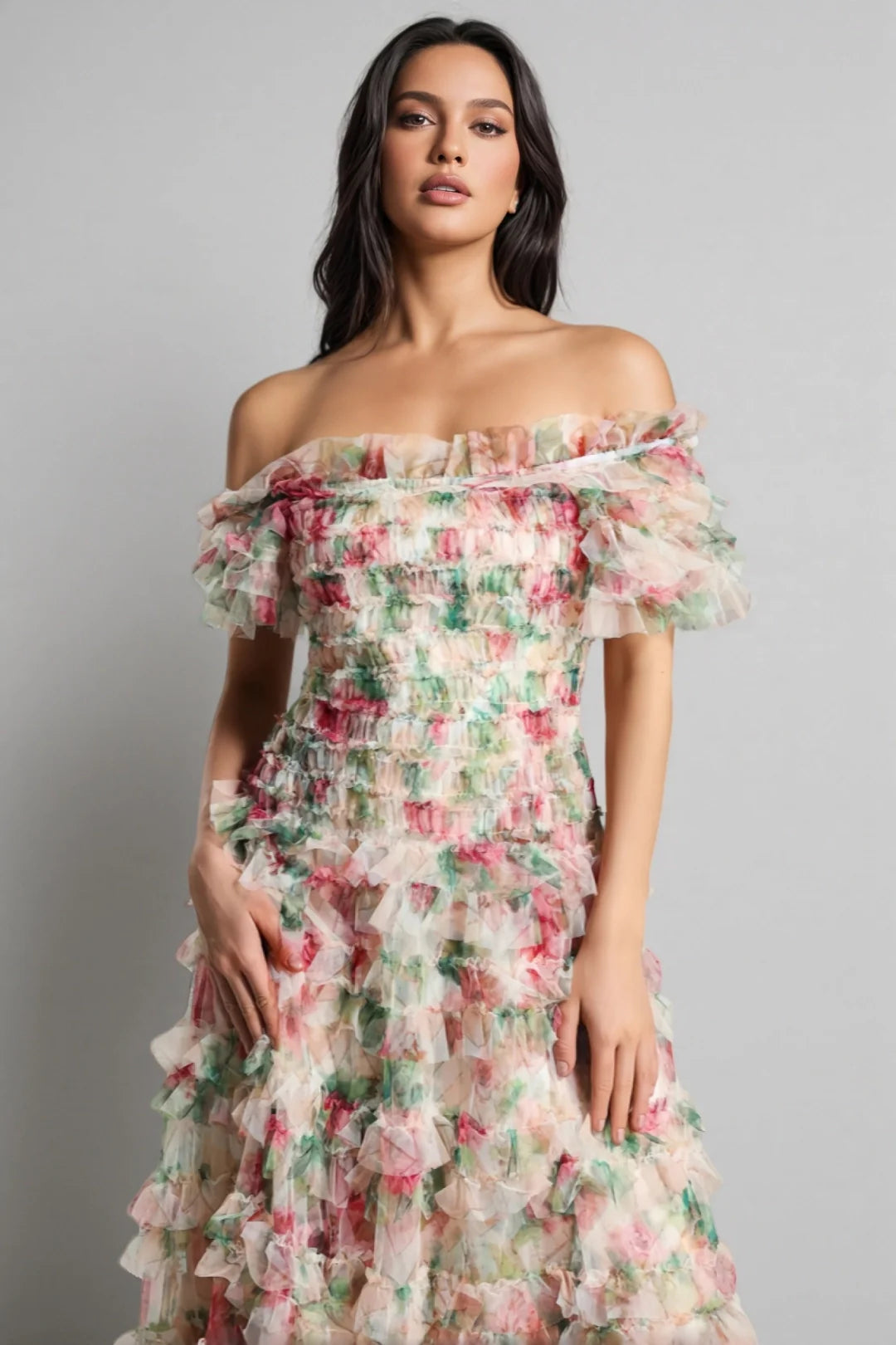 Vestido Maxi Sem Alças em Malha Floral Sina