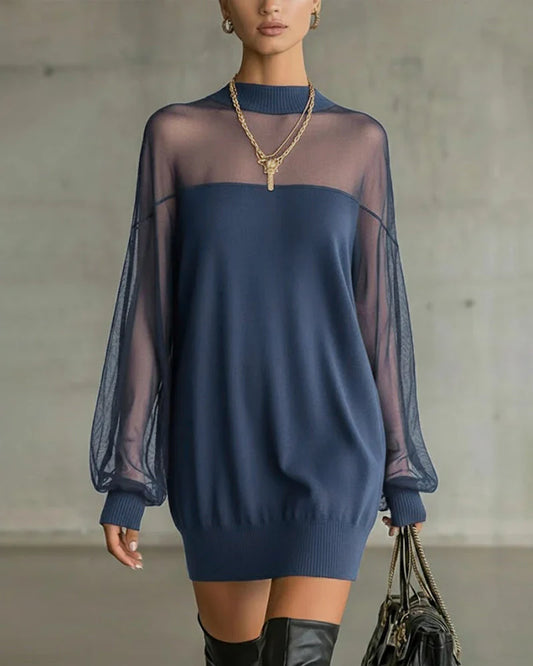 Clarève - Vestido Sólido em Patchwork com Mangas de Lanterna
