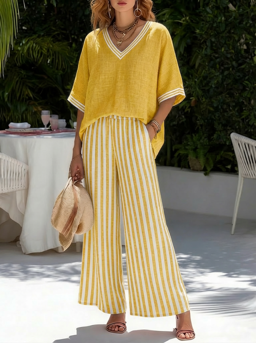 Conjunto Elegante em Linho-Cotton Listrado Amelia