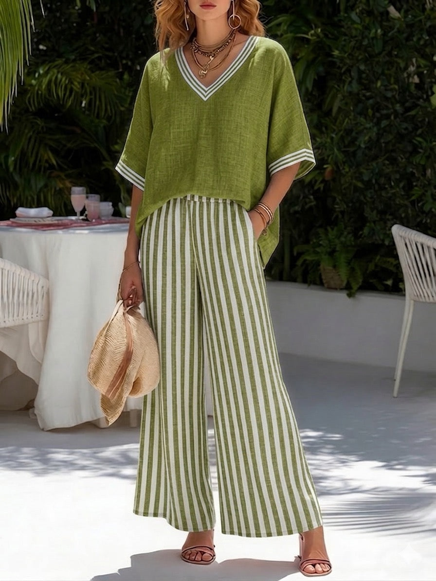 Conjunto Elegante em Linho-Cotton Listrado Amelia