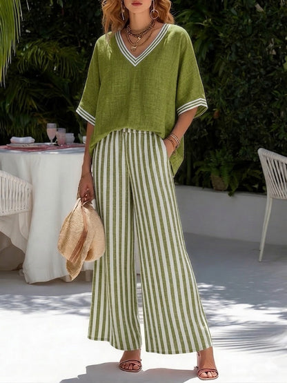 Conjunto Elegante em Linho-Cotton Listrado Amelia