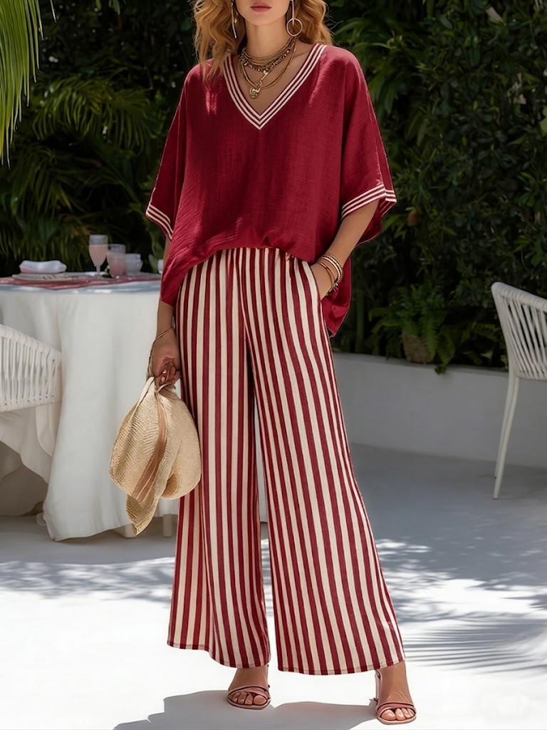 Conjunto Elegante em Linho-Cotton Listrado Amelia