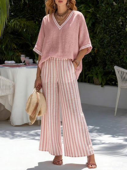 Conjunto Elegante em Linho-Cotton Listrado Amelia