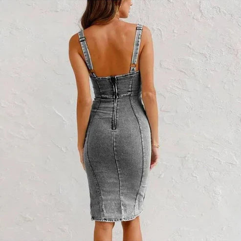Robe Cami Bodycon em Jean Fendido VARENA - Elegante